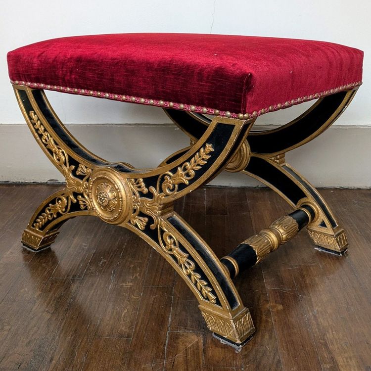 Large curule stool - painted and gilded wood - Empire style