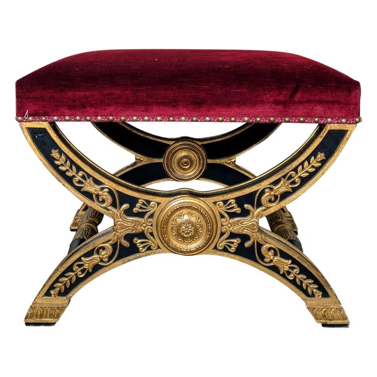 Large curule stool - painted and gilded wood - Empire style