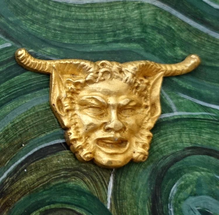 Ravrio: miniature portrait of a satyr, souvenir of the Grand Tour, gilt bronze on malachite base