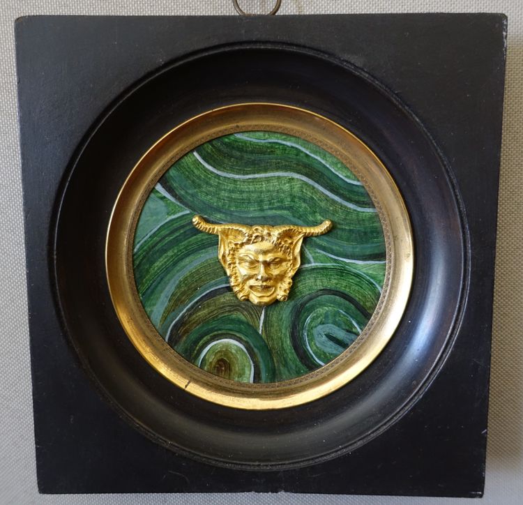 Ravrio: miniature portrait of a satyr, souvenir of the Grand Tour, gilt bronze on malachite base