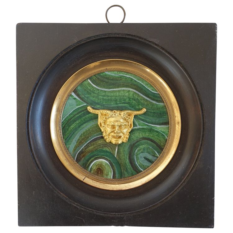 Ravrio: miniature portrait of a satyr, souvenir of the Grand Tour, gilt bronze on malachite base