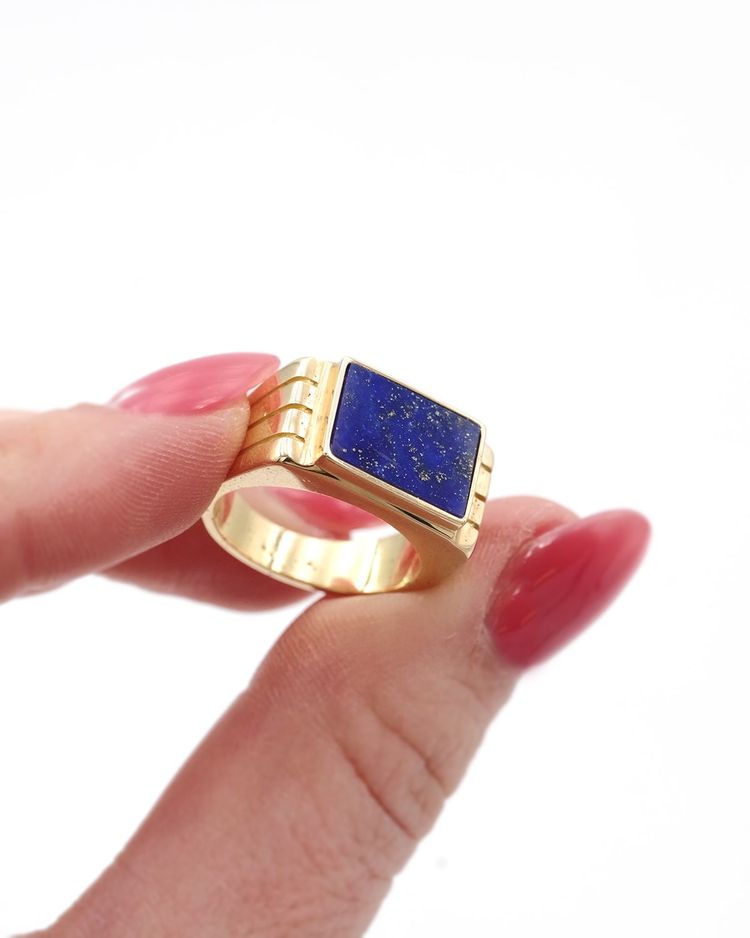Anello con serbatoio in lapislazzuli in oro 18 carati, anello con serbatoio, anello rétro, blu oltremare, gioielli con serbatoio
