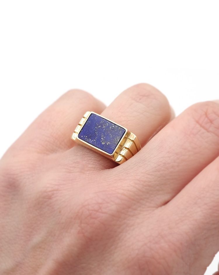 Anello con serbatoio in lapislazzuli in oro 18 carati, anello con serbatoio, anello rétro, blu oltremare, gioielli con serbatoio