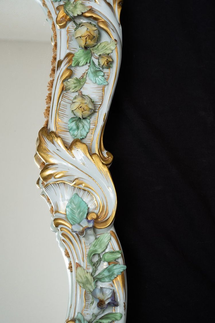 Antique polychrome porcelain mirror from Capodimonte, early 20th century.