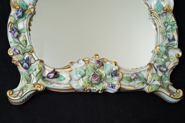 Antique polychrome porcelain mirror from Capodimonte, early 20th century.
