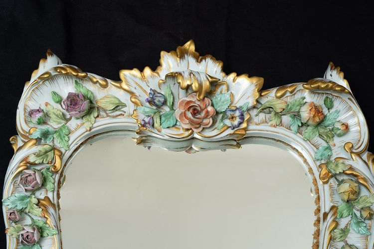 Antique polychrome porcelain mirror from Capodimonte, early 20th century.