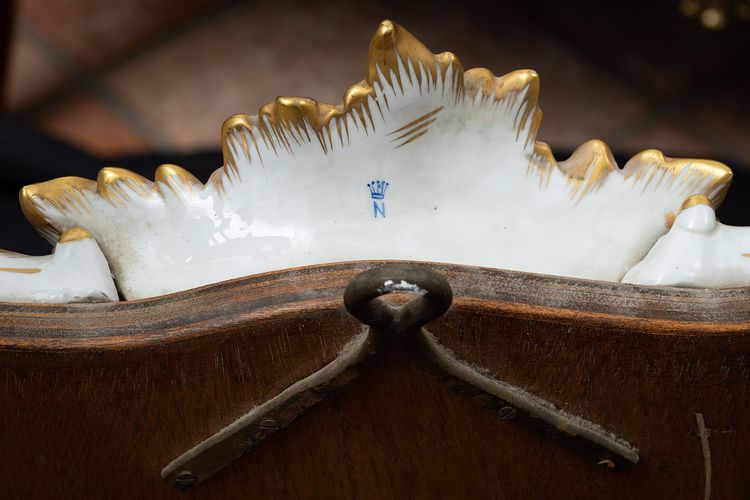 Antique polychrome porcelain mirror from Capodimonte, early 20th century.