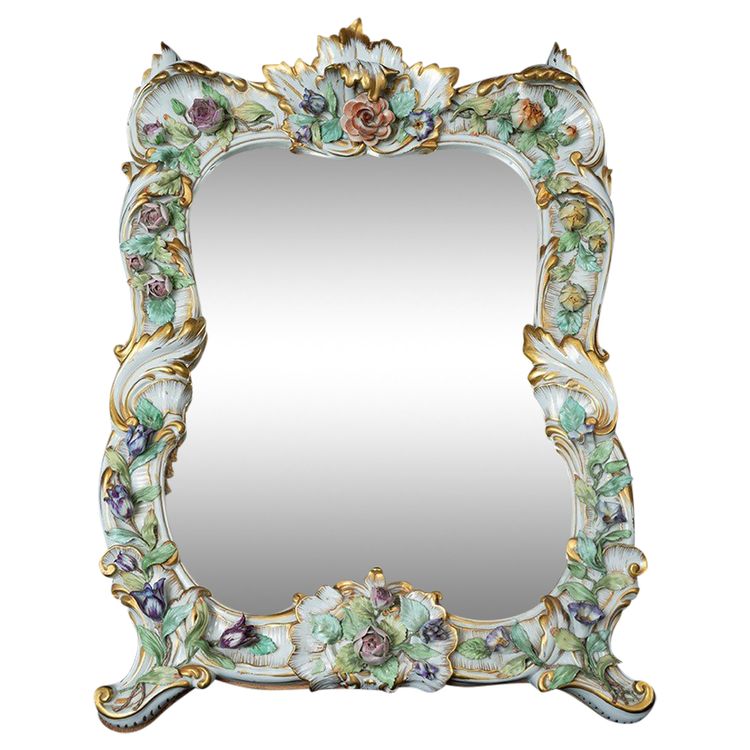 Antique polychrome porcelain mirror from Capodimonte, early 20th century.