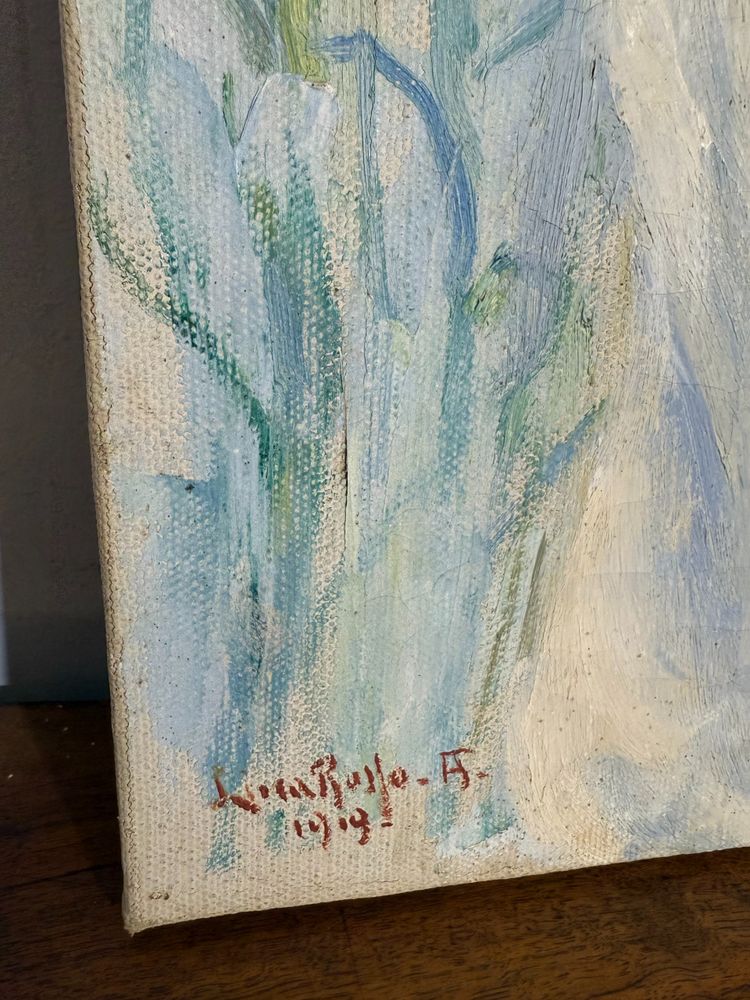 Tableau ancien Art Nouveau, petite fille aux fleurs, signé, 75x73 cm