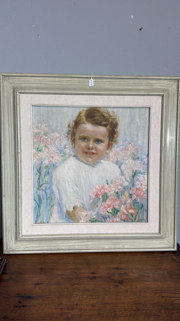 Tableau ancien Art Nouveau, petite fille aux fleurs, signé, 75x73 cm