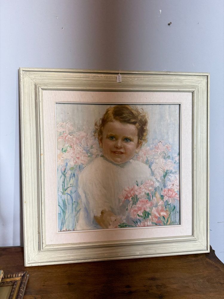 Tableau ancien Art Nouveau, petite fille aux fleurs, signé, 75x73 cm