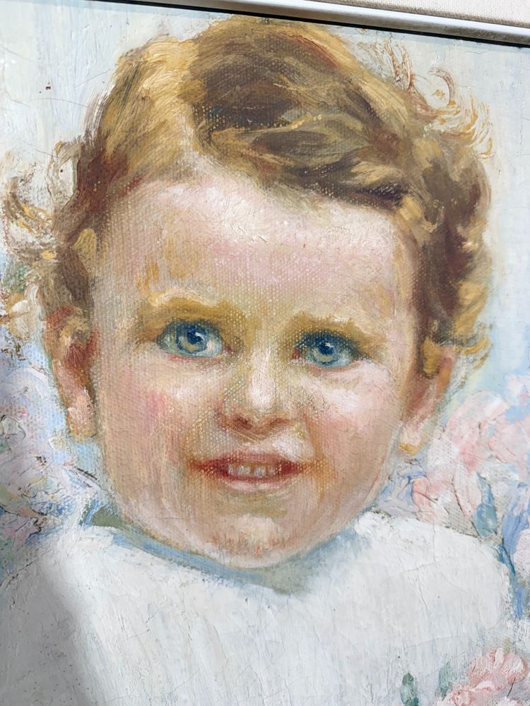 Tableau ancien Art Nouveau, petite fille aux fleurs, signé, 75x73 cm