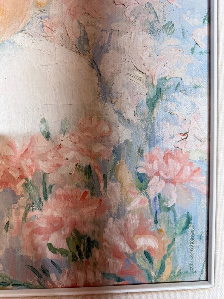 Tableau ancien Art Nouveau, petite fille aux fleurs, signé, 75x73 cm
