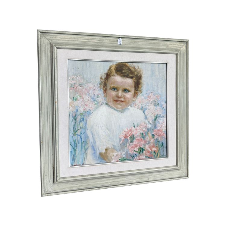 Tableau ancien Art Nouveau, petite fille aux fleurs, signé, 75x73 cm