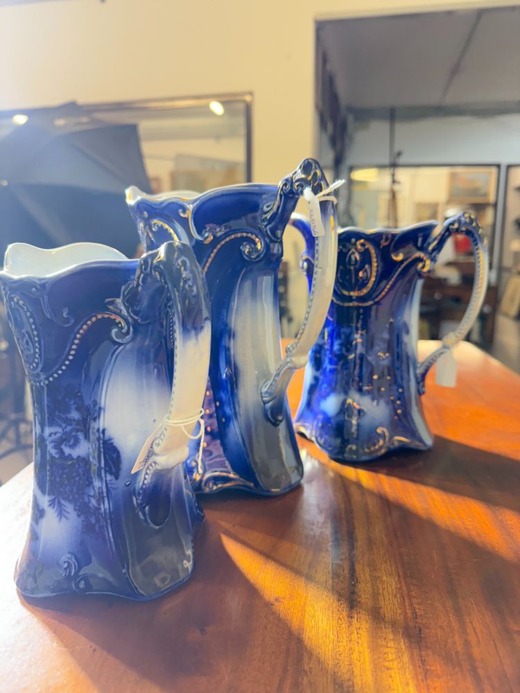 Three English pitchers PANSY PATTERN BY BROWN & STEVENTON ENGLAND-CIRCULAR, late 1800s, porcelain!
