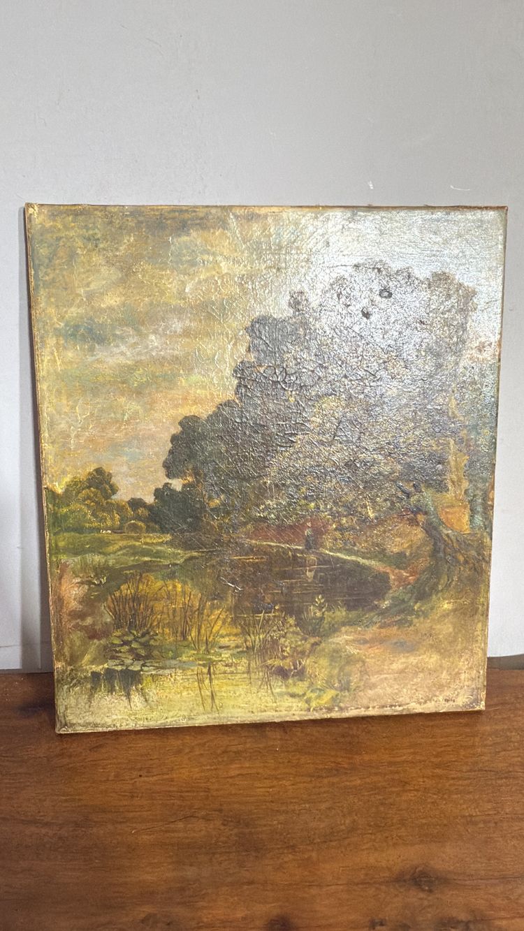 Peinture à l'huile ancienne sur toile, début du 19ème siècle, paysage, 41x36 cm