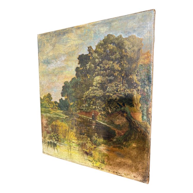 Peinture à l'huile ancienne sur toile, début du 19ème siècle, paysage, 41x36 cm