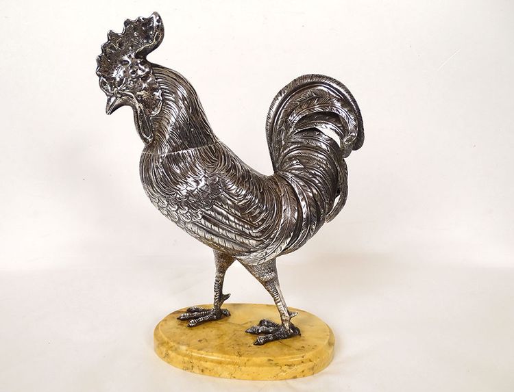 Scultura in argento massiccio Gallo che cammina Base in marmo Siena XIX secolo