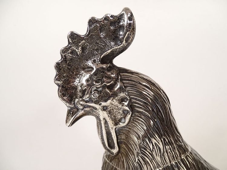 Scultura in argento massiccio Gallo che cammina Base in marmo Siena XIX secolo