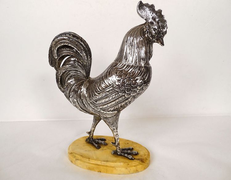 Scultura in argento massiccio Gallo che cammina Base in marmo Siena XIX secolo