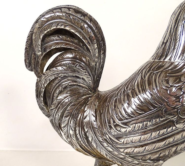 Scultura in argento massiccio Gallo che cammina Base in marmo Siena XIX secolo
