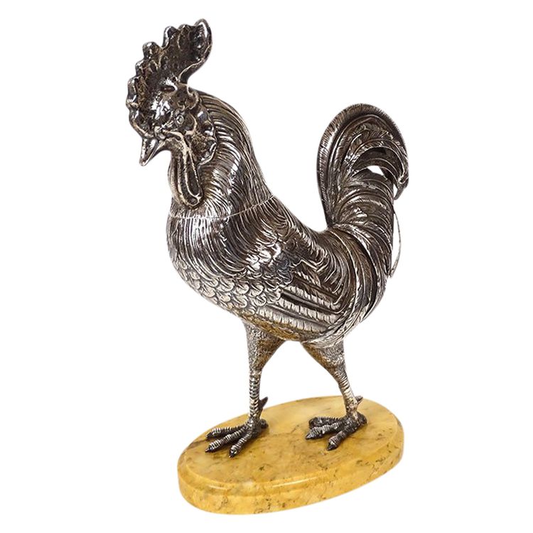 Scultura in argento massiccio Gallo che cammina Base in marmo Siena XIX secolo