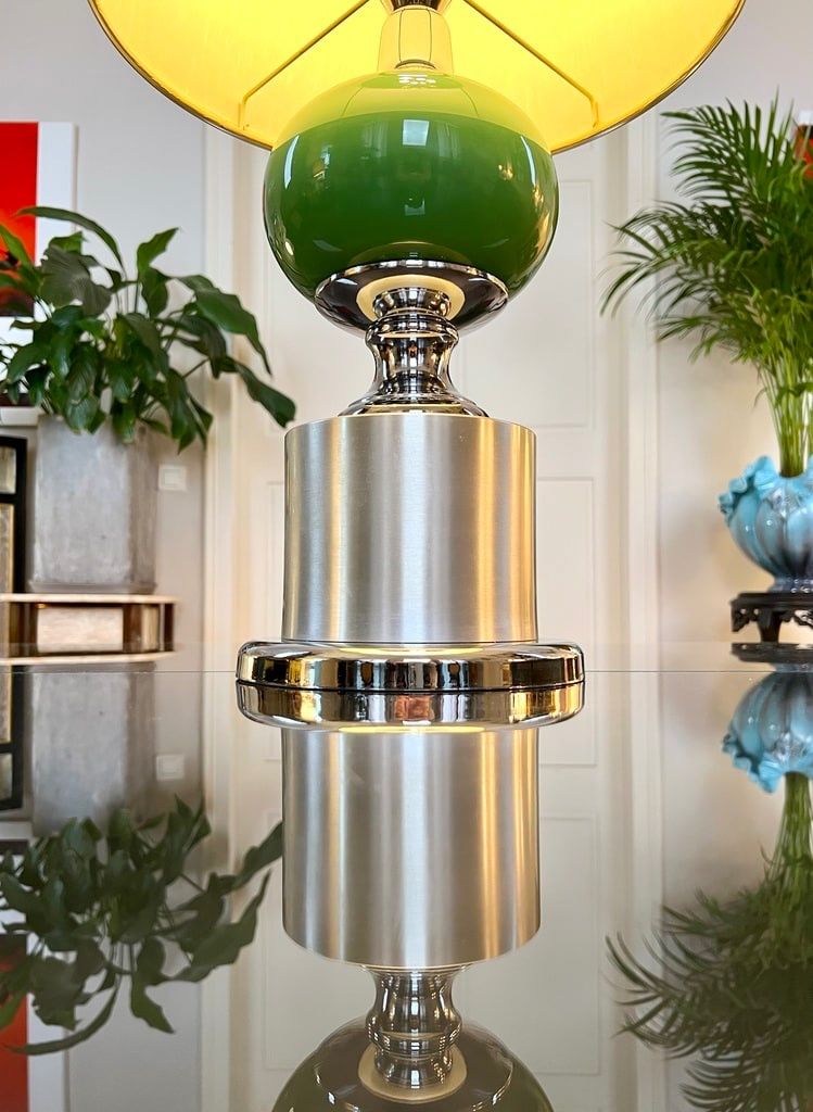 Lampada vintage in metallo stile spaziale con paralume in tessuto