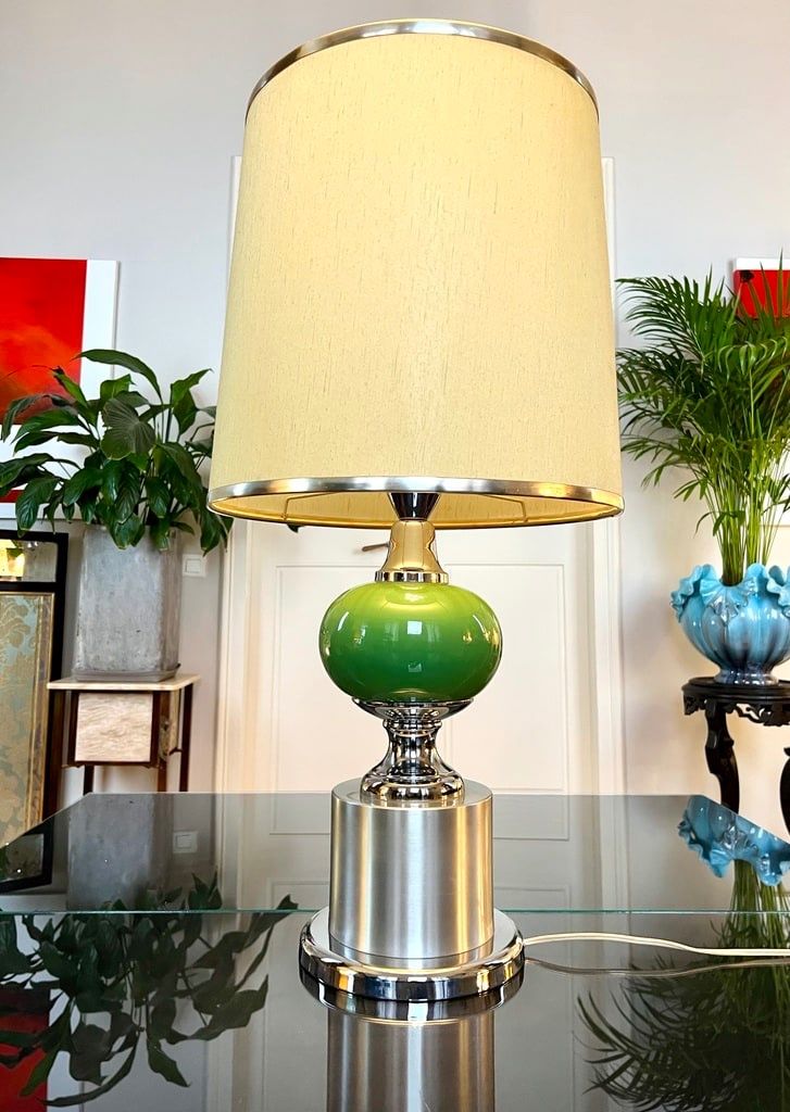 Lampada vintage in metallo stile spaziale con paralume in tessuto