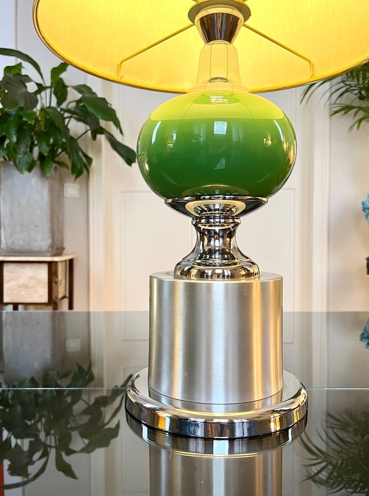 Lampada vintage in metallo stile spaziale con paralume in tessuto