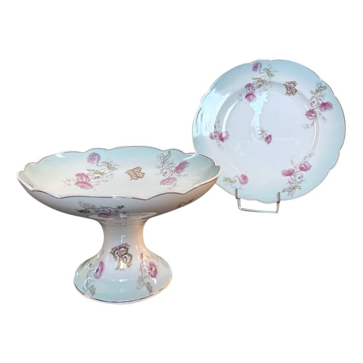 Compotier Et Plat De Service Porcelaine - Décor Monogrammes Fleurs d'œillets