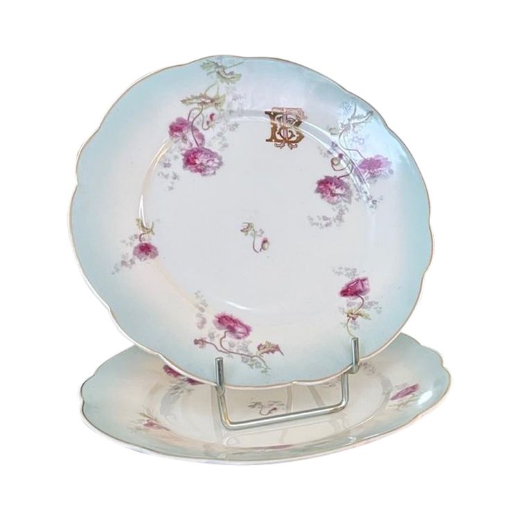 Assiettes à Entremets Dessert En Porcelaine - Décor Fleurs d'œillets Initiales TB - Service De Table