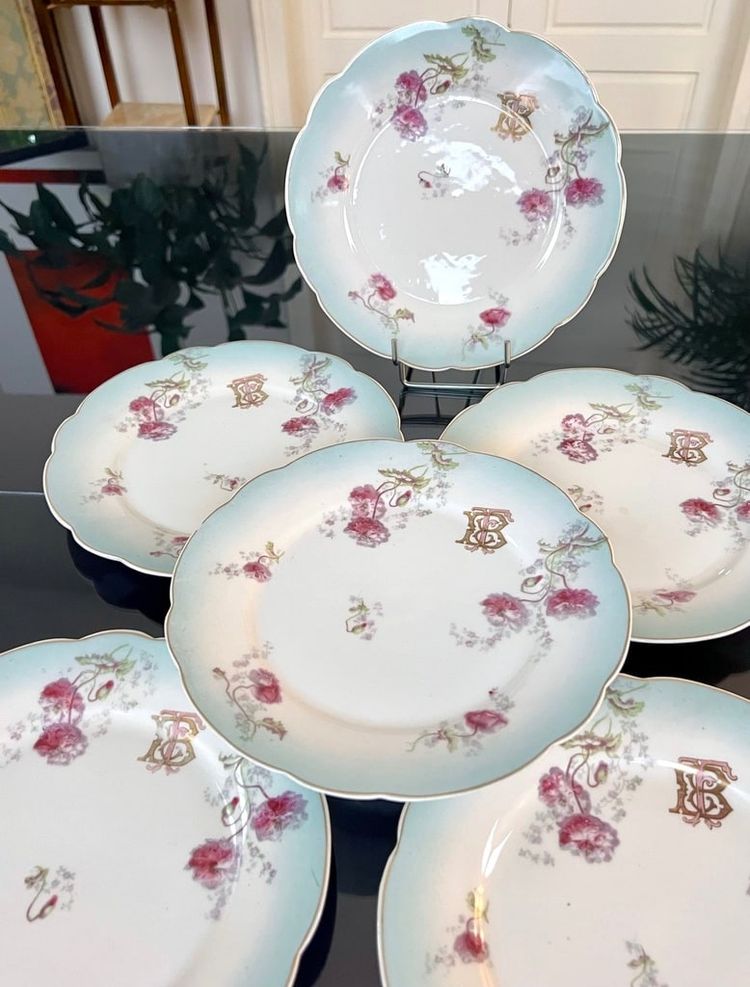 6 Assiettes à Dessert Entremets Initiales TB - Service De Table En Porcelaine - Fin 19e Siècle