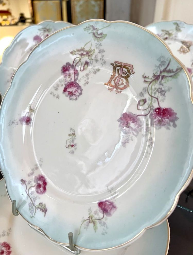 6 Assiettes à Dessert Entremets Initiales TB - Service De Table En Porcelaine - Fin 19e Siècle
