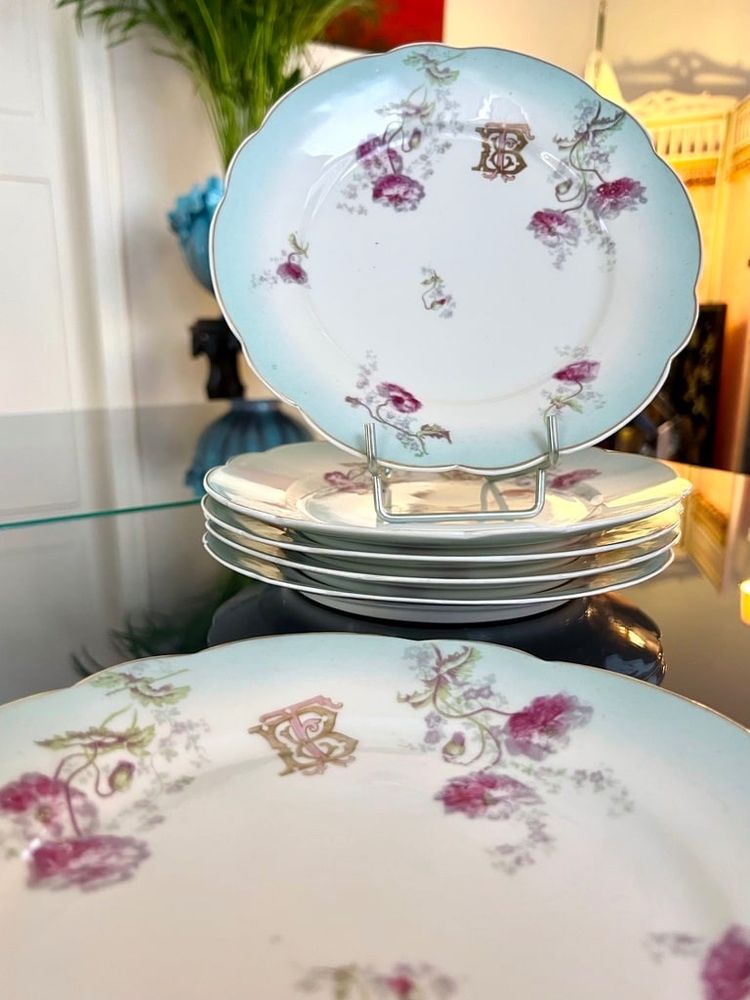6 Assiettes à Dessert Entremets Initiales TB - Service De Table En Porcelaine - Fin 19e Siècle
