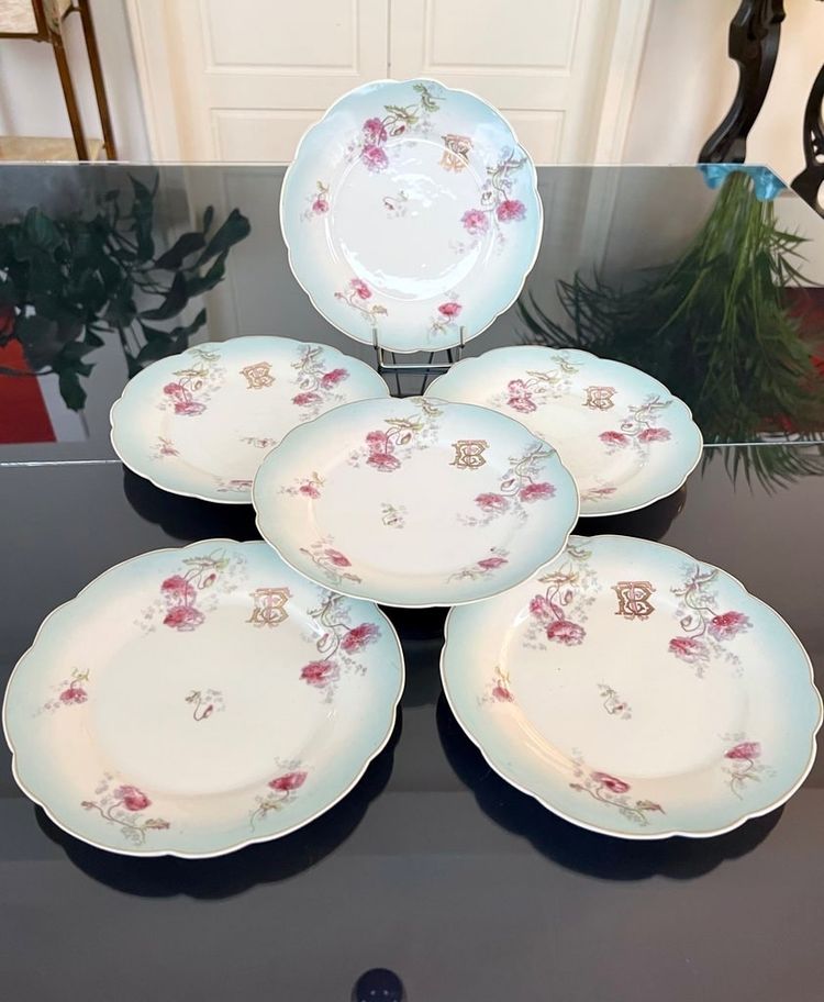 6 Assiettes à Dessert Entremets Initiales TB - Service De Table En Porcelaine - Fin 19e Siècle