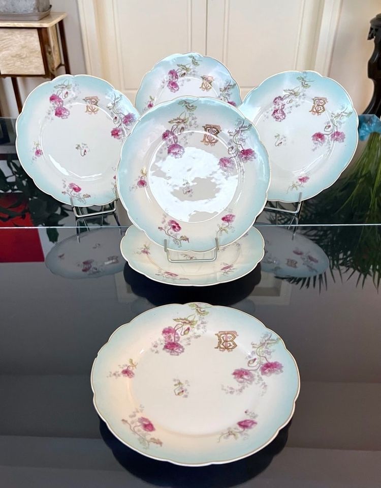 6 Assiettes à Dessert Entremets Initiales TB - Service De Table En Porcelaine - Fin 19e Siècle