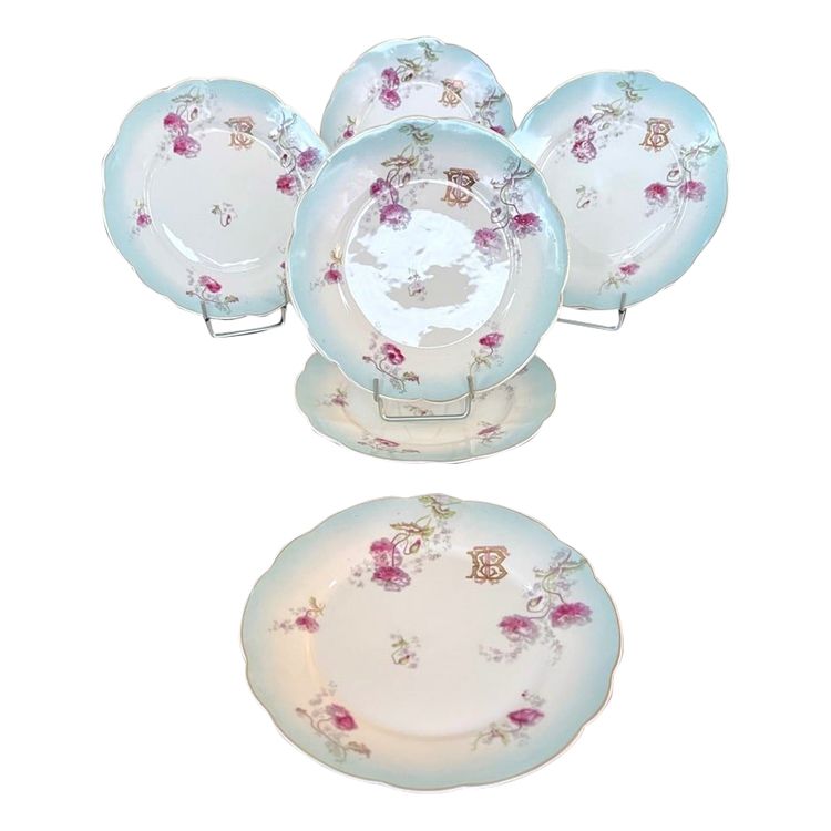 6 Assiettes à Dessert Entremets Initiales TB - Service De Table En Porcelaine - Fin 19e Siècle