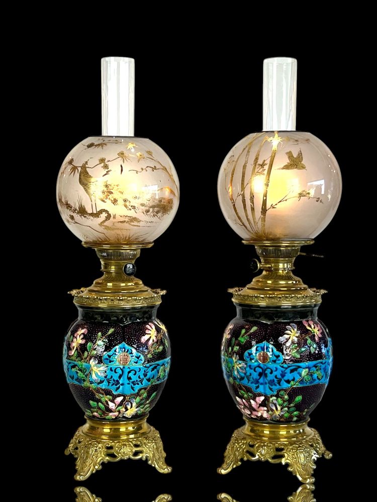 PAIR OF EARTHENWARE / CLOISONNÉ ENAMEL "BORDEAUX VIEILLARD" NAPOLEON III LAMPS