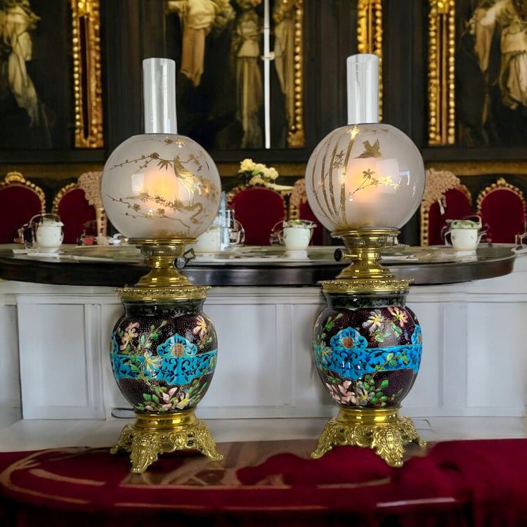PAIR OF EARTHENWARE / CLOISONNÉ ENAMEL "BORDEAUX VIEILLARD" NAPOLEON III LAMPS