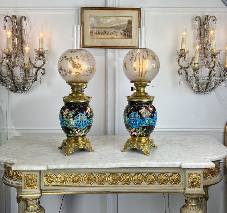 PAIR OF EARTHENWARE / CLOISONNÉ ENAMEL "BORDEAUX VIEILLARD" NAPOLEON III LAMPS