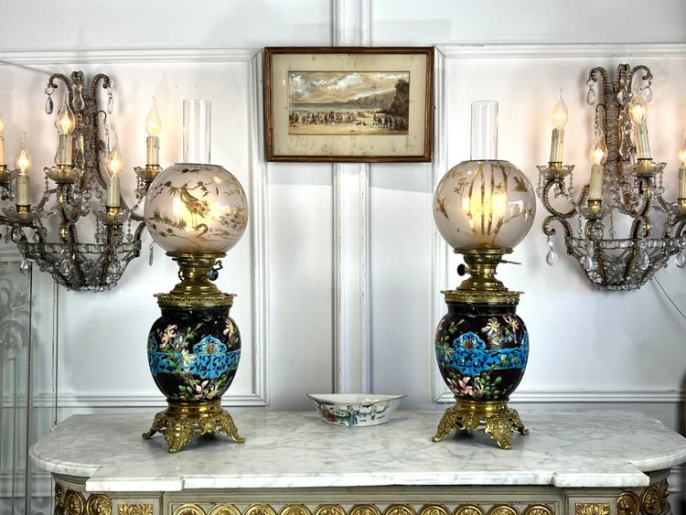 PAIR OF EARTHENWARE / CLOISONNÉ ENAMEL "BORDEAUX VIEILLARD" NAPOLEON III LAMPS