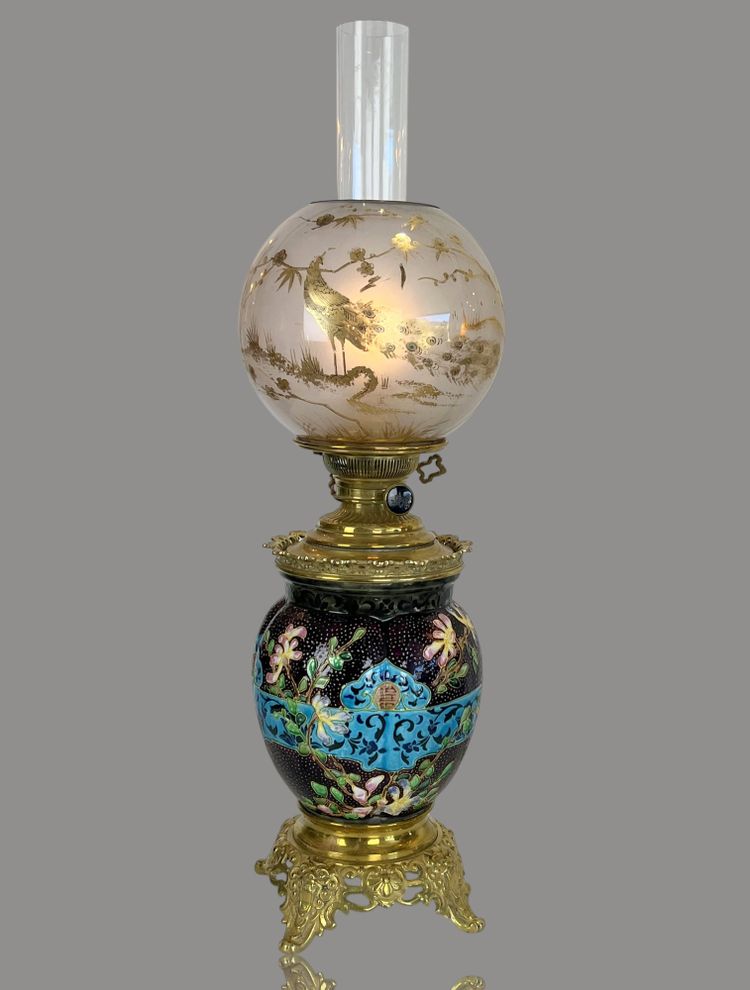 PAIR OF EARTHENWARE / CLOISONNÉ ENAMEL "BORDEAUX VIEILLARD" NAPOLEON III LAMPS