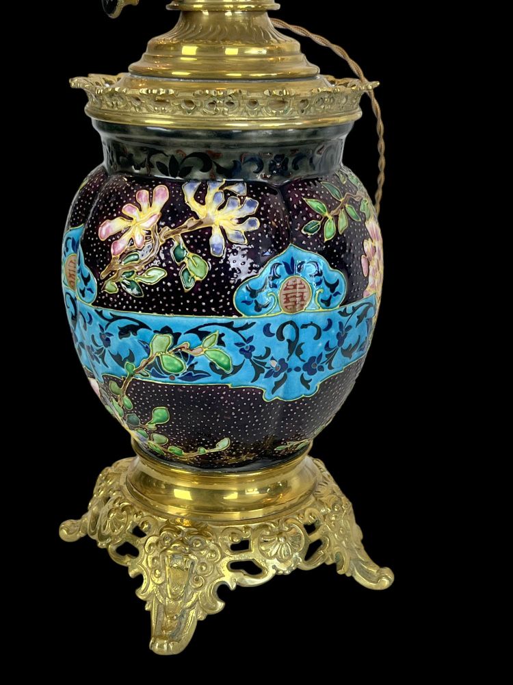 PAIR OF EARTHENWARE / CLOISONNÉ ENAMEL "BORDEAUX VIEILLARD" NAPOLEON III LAMPS