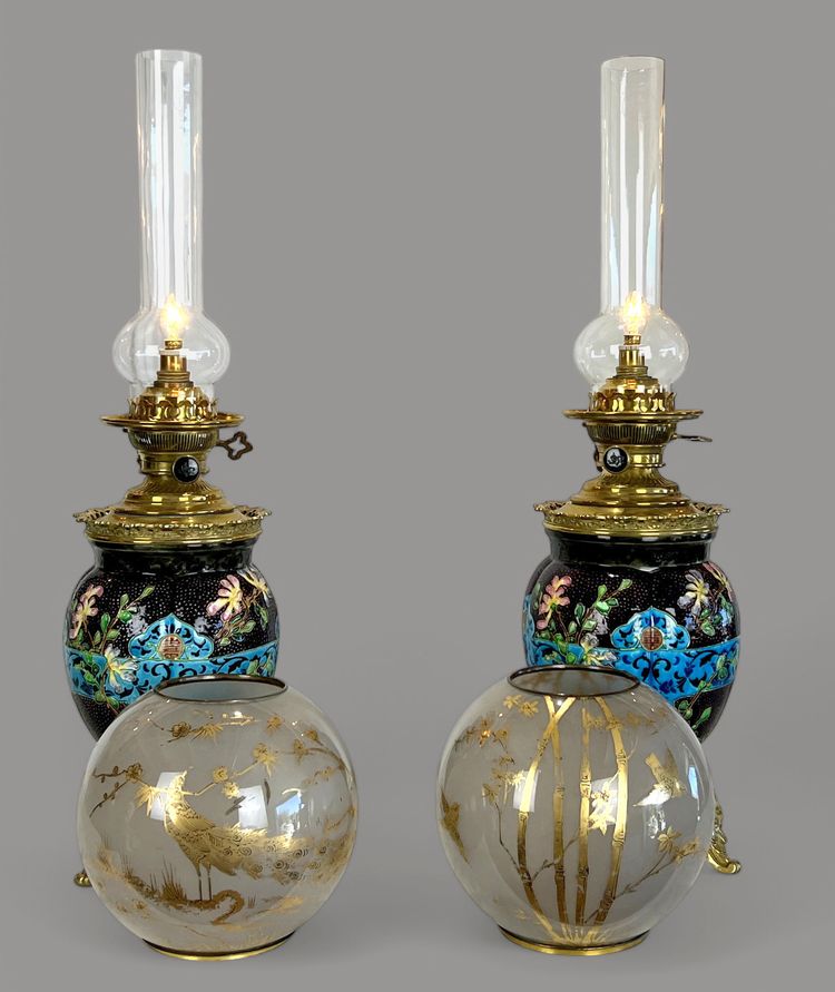 PAIR OF EARTHENWARE / CLOISONNÉ ENAMEL "BORDEAUX VIEILLARD" NAPOLEON III LAMPS