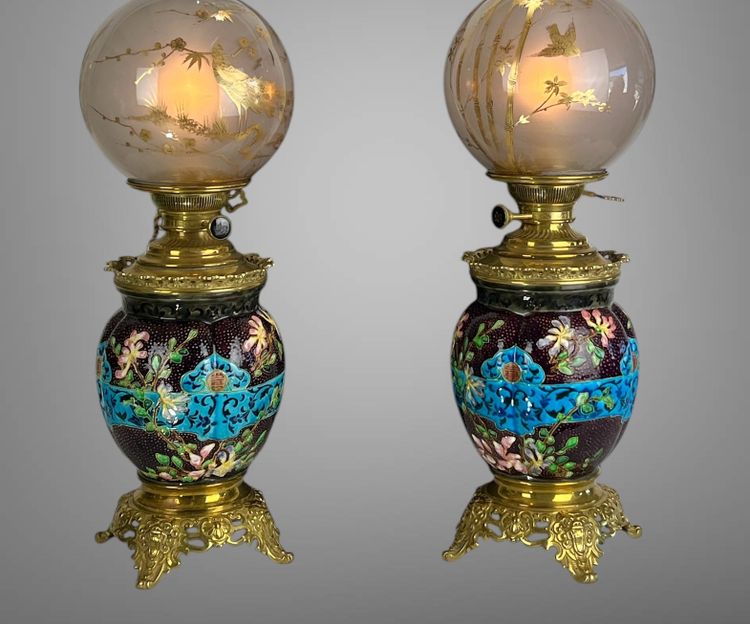 PAIR OF EARTHENWARE / CLOISONNÉ ENAMEL "BORDEAUX VIEILLARD" NAPOLEON III LAMPS