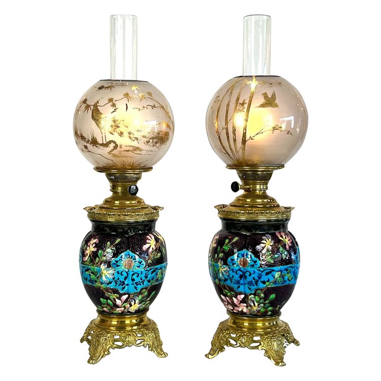 PAIR OF EARTHENWARE / CLOISONNÉ ENAMEL "BORDEAUX VIEILLARD" NAPOLEON III LAMPS