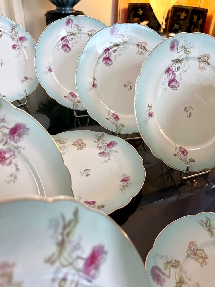 Fine Porcelain Dinner Plate Set - Monogrammed Carnation Flower Decor