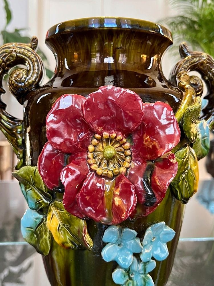 Vaso in terracotta Barbotina - Malvarosa - Nontiscordardime - Foglie d'acanto