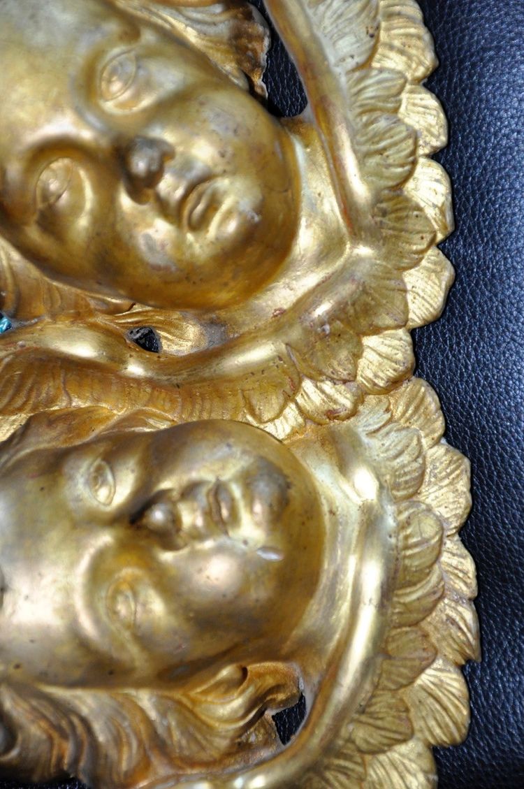 Bas-relief En Bois Doré Attribué à Jacques Bernus Deux Têtes D'angelots 18th Century