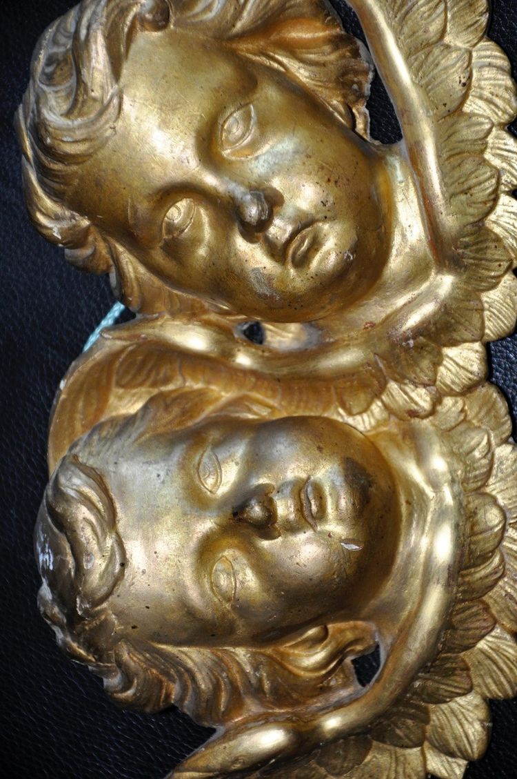 Bas-relief En Bois Doré Attribué à Jacques Bernus Deux Têtes D'angelots 18th Century